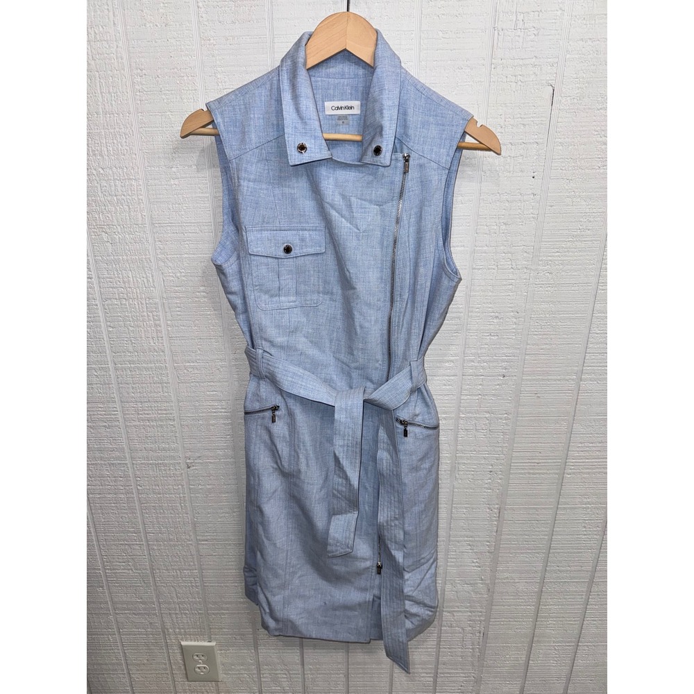 Calvin Klein Sleeveless Sheath Dress Women Light Blue Moto Zip Belted Size 10